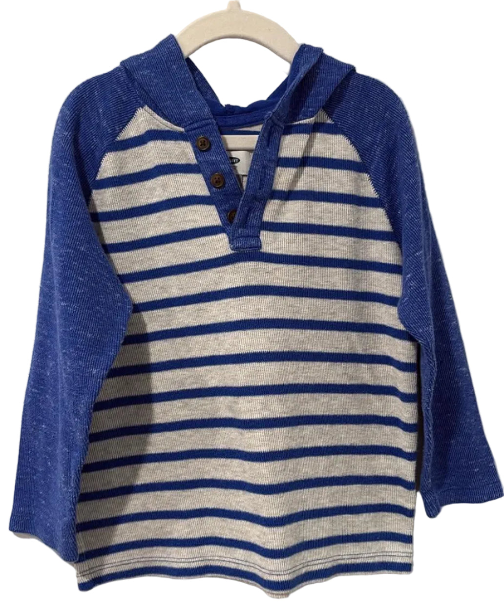 Blue and cream striped Old Navy hooded long-sleeve top