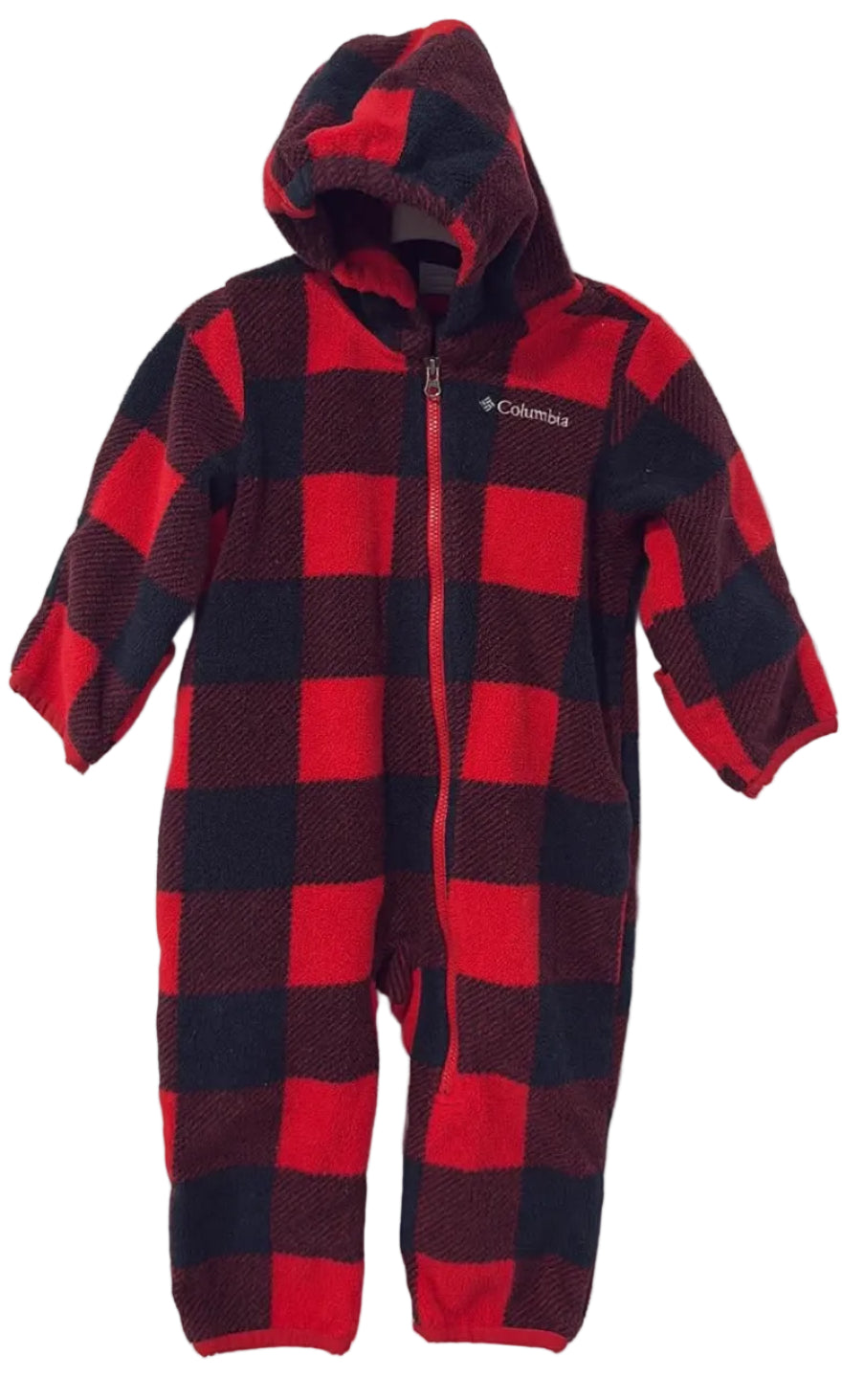 Red-and-black buffalo plaid hooded Columbia fleece one-piece