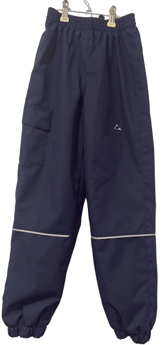 Navy Paradox rain pants with elastic cuffs and silver leg trim