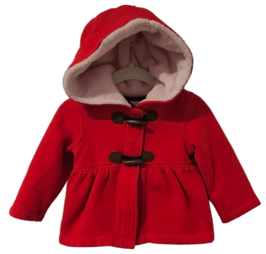 Front of red Carter’s hooded coat with toggle closures
