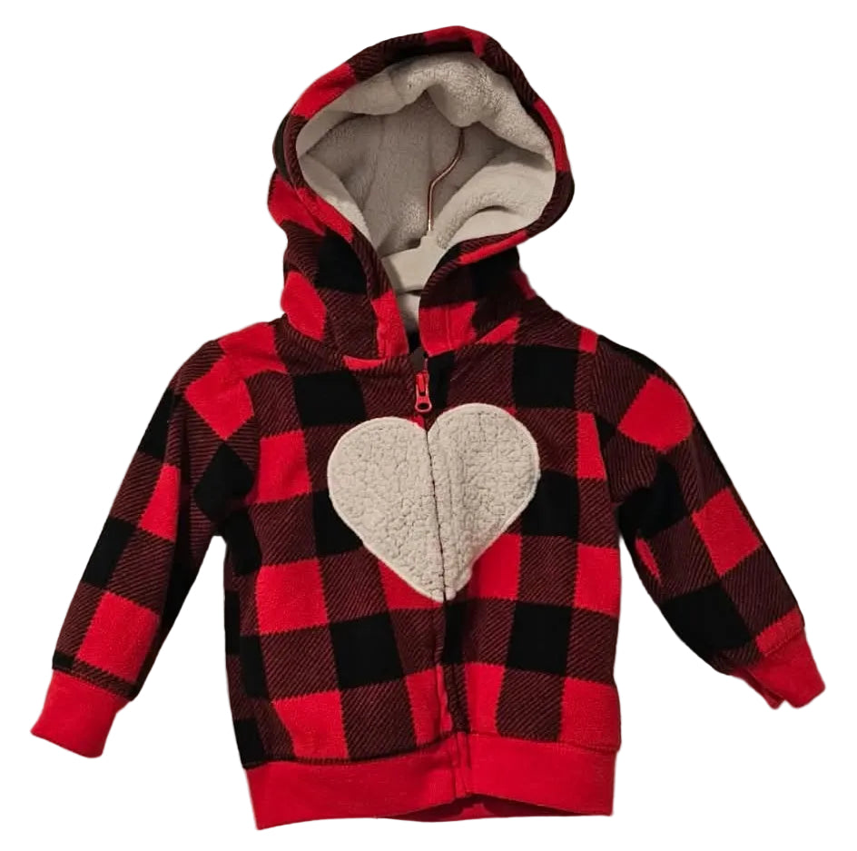 Front of Carter’s red-and-black buffalo plaid hoodie with cream heart
