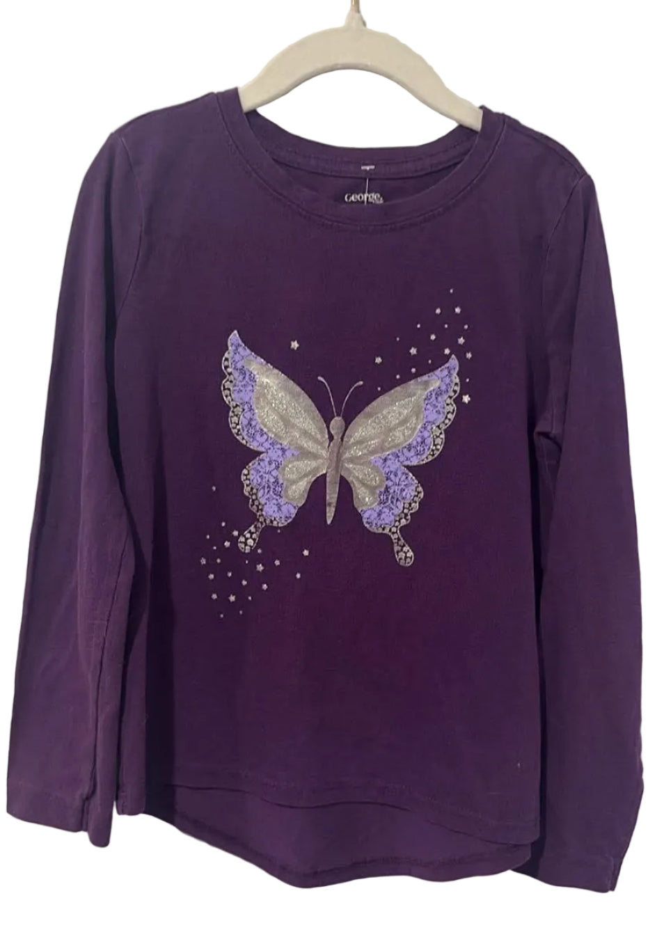 Purple George long sleeve tee with butterfly graphic