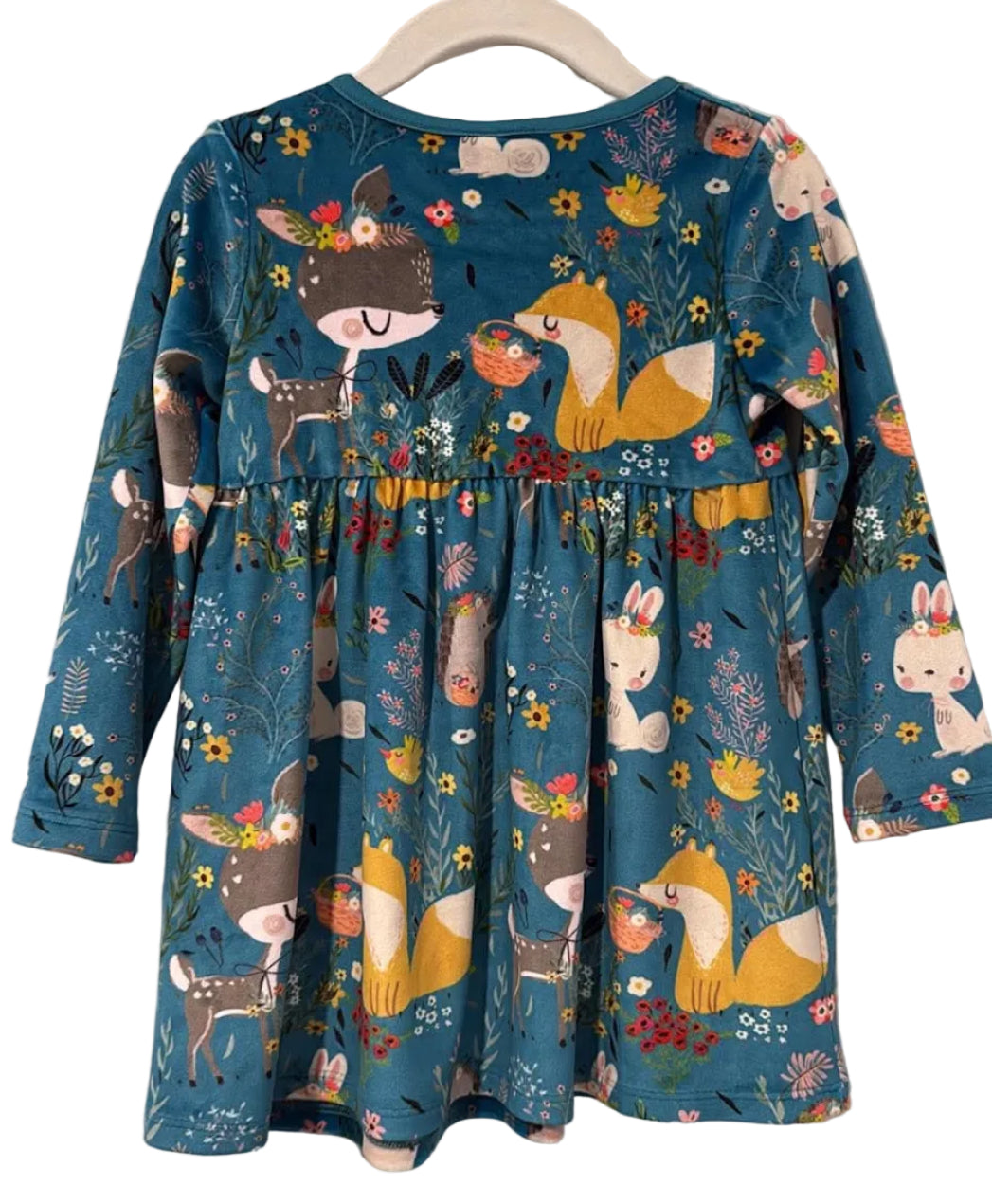Back of teal S+B woodland animal dress