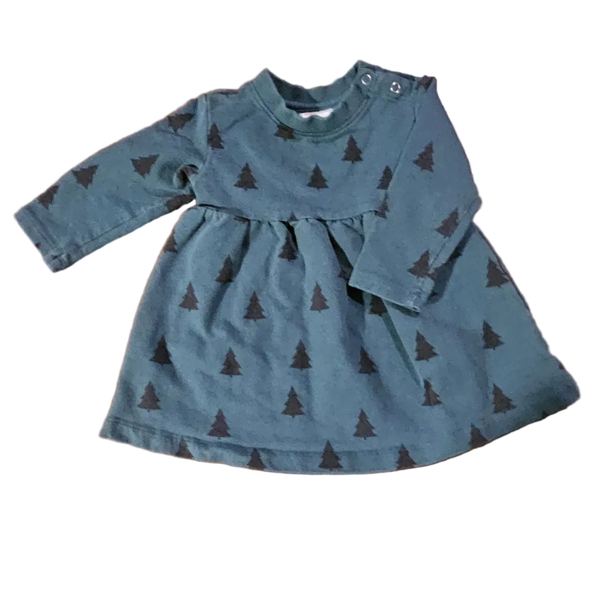 Teal long-sleeve dress with tree print