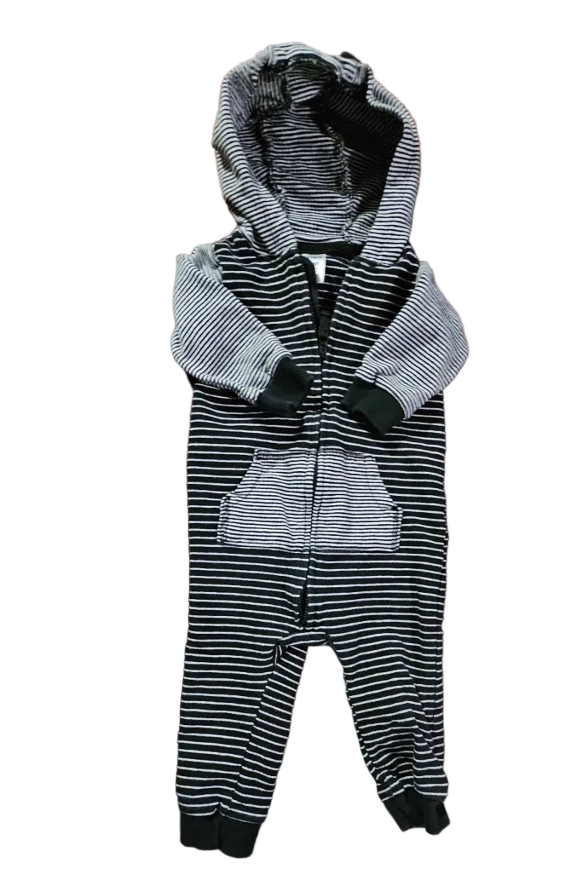 Black and white striped hooded zip romper with kangaroo pocket