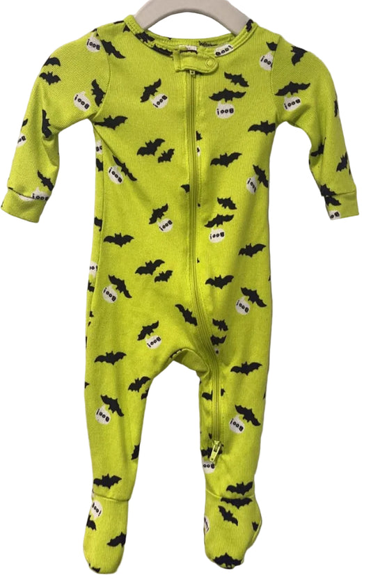 Front of lime-green Joe Fresh Halloween footed sleeper with bats and Boo prints