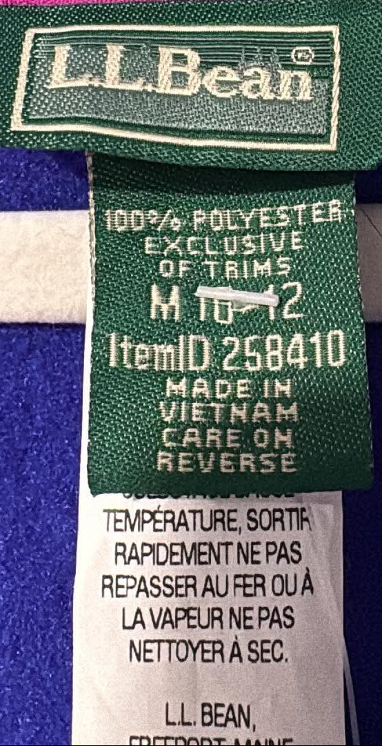 L.L.Bean size M 10–12 label and nineteen dollar price tag