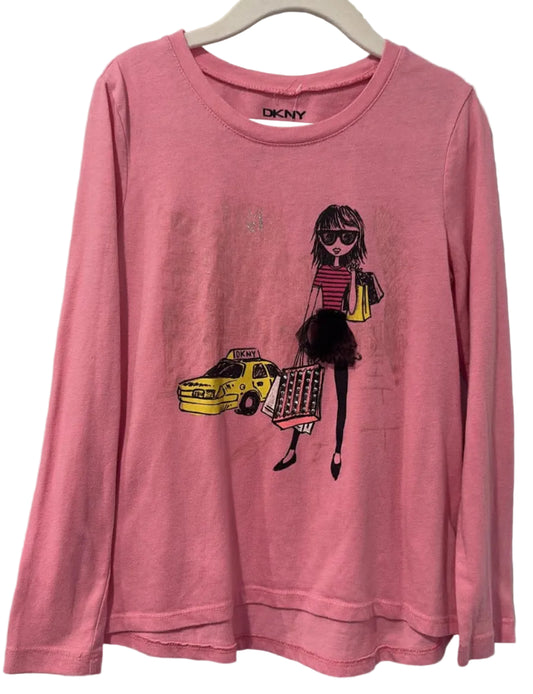 Pink DKNY long sleeve tee with city shopping and yellow taxi graphic