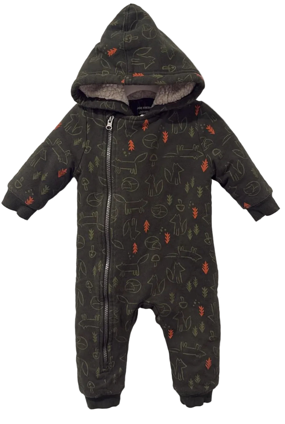 Dark hooded Joe Fresh one-piece with woodland animals and leaves