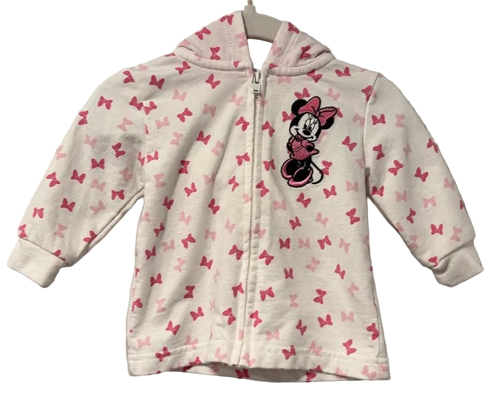 Front of white Disney Baby Minnie Mouse hoodie with pink bows
