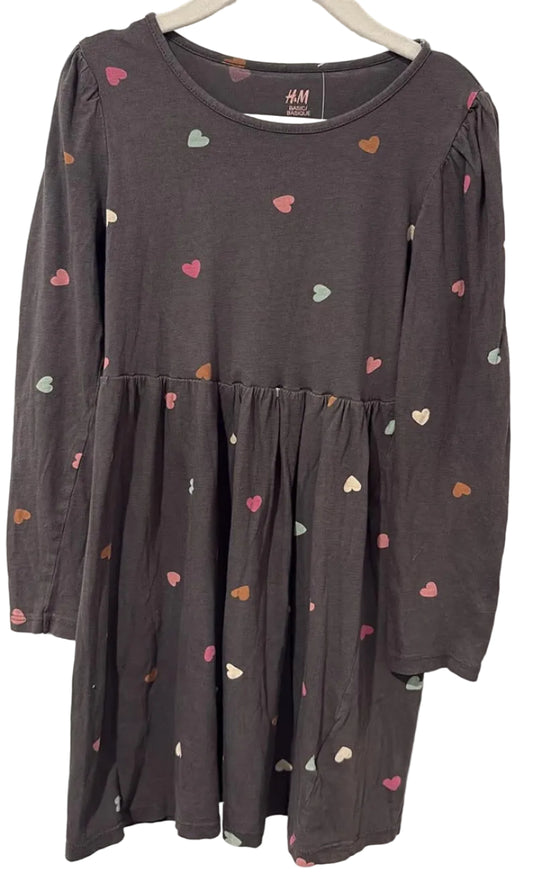 H&M charcoal grey heart-print long-sleeved dress, front view