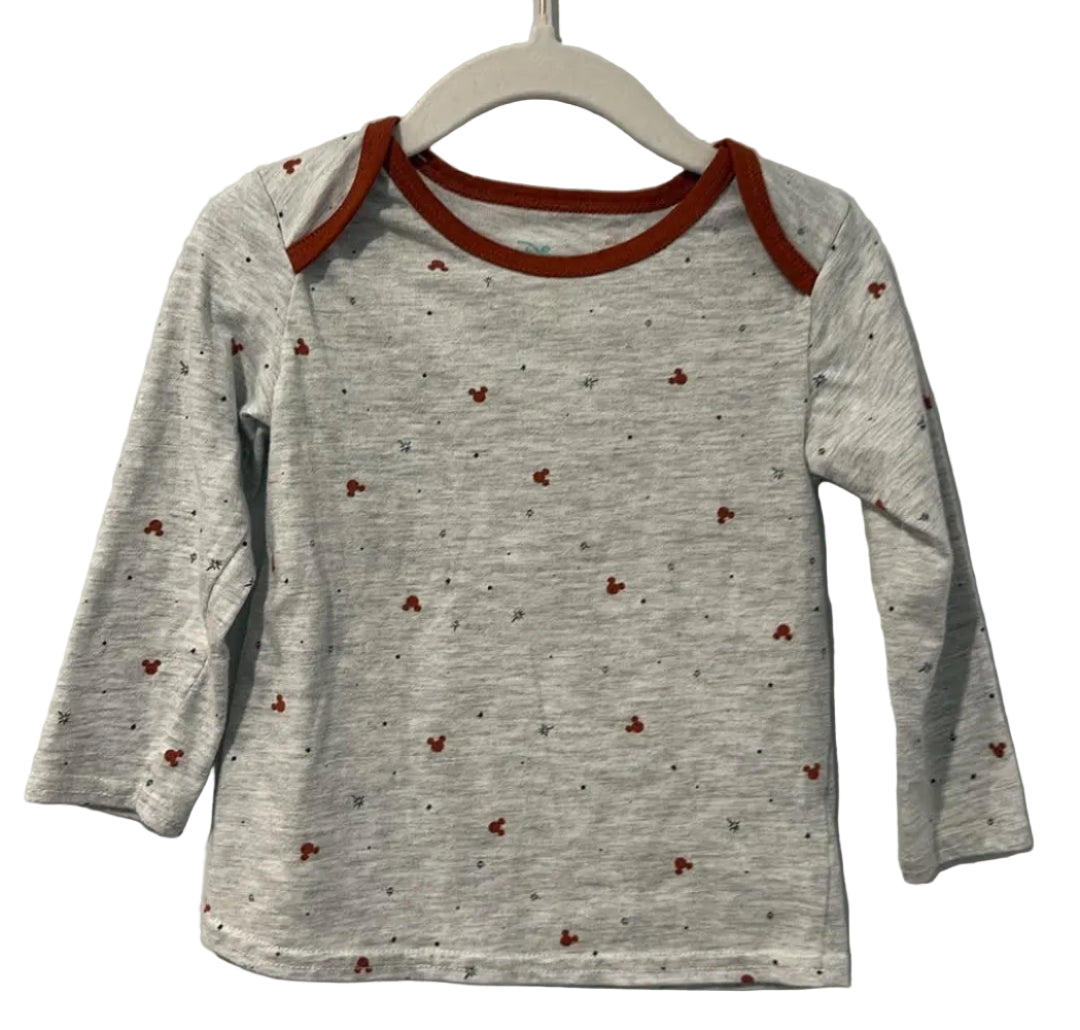 Front of Disney Baby grey Mickey-print long-sleeved shirt, size 18 months