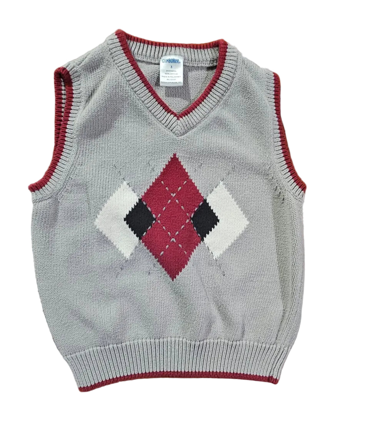 Grey argyle sweater vest with burgundy diamonds