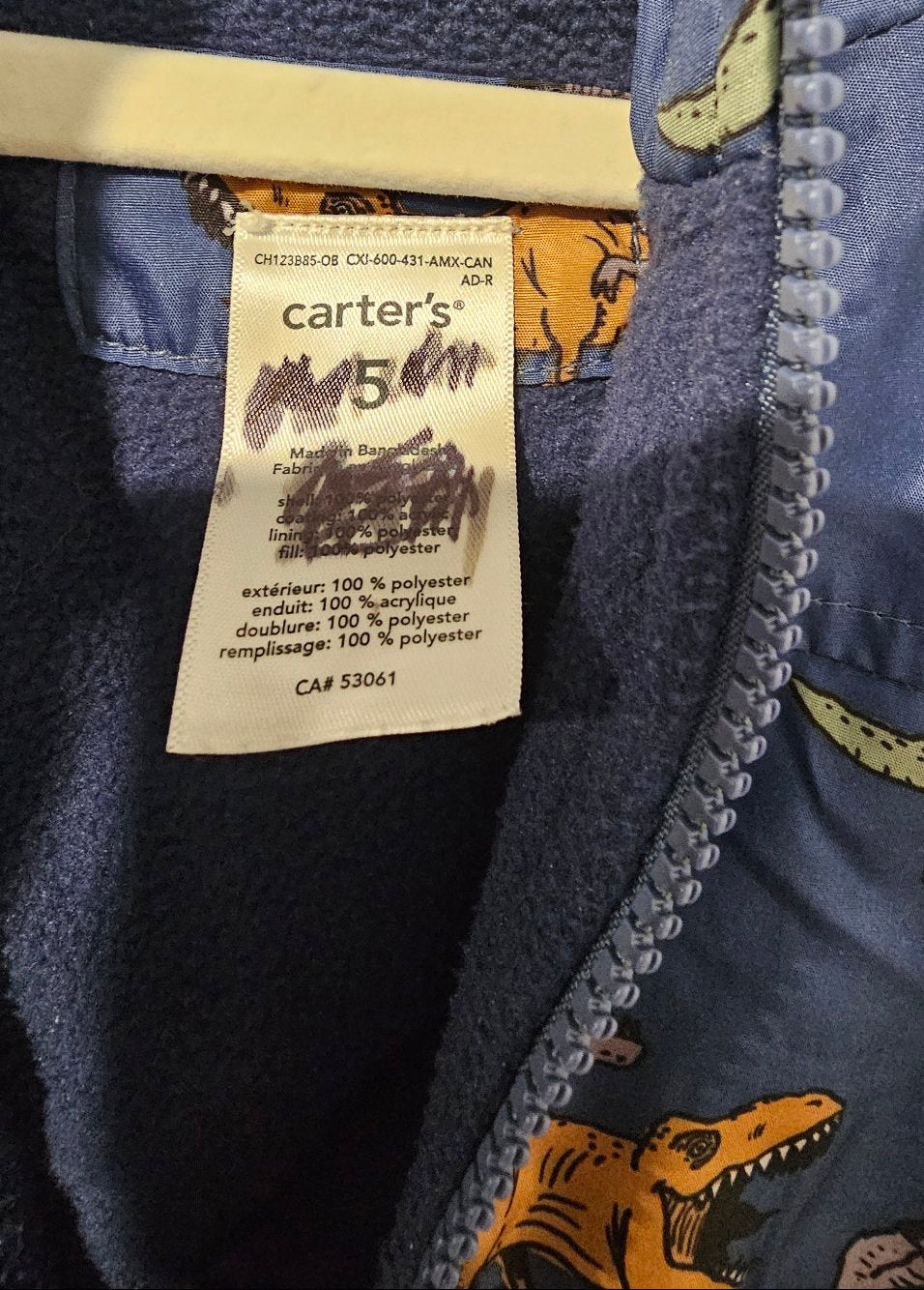 Carter's Navy Dinosaur Hooded Jacket, 5 – Pre-Loved