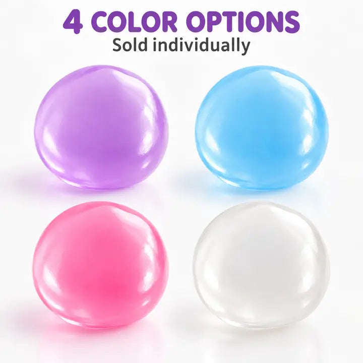 Round purple, blue, pink and clear squishies with text noting four colour options sold individually