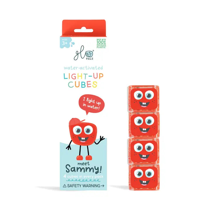 Four red Glo Pals Sammy cubes stacked beside their water-activated light-up cubes packaging
