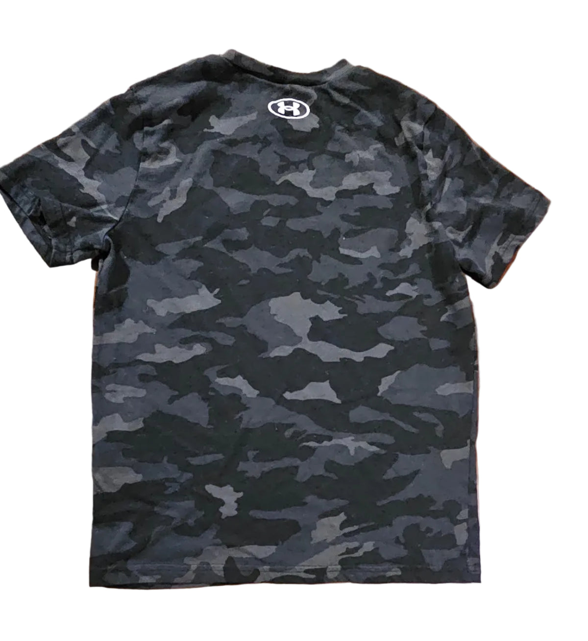 Back of black and grey camo t-shirt