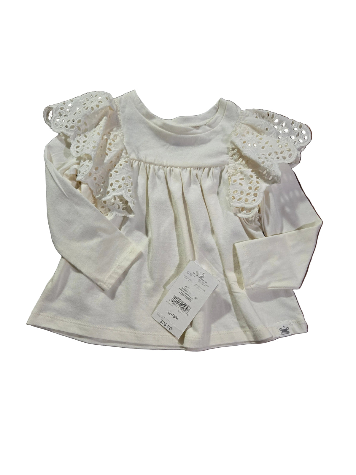 Rise Little Earthling White Eyelet Ruffle Shoulder Top, 12-18M – New With Tags