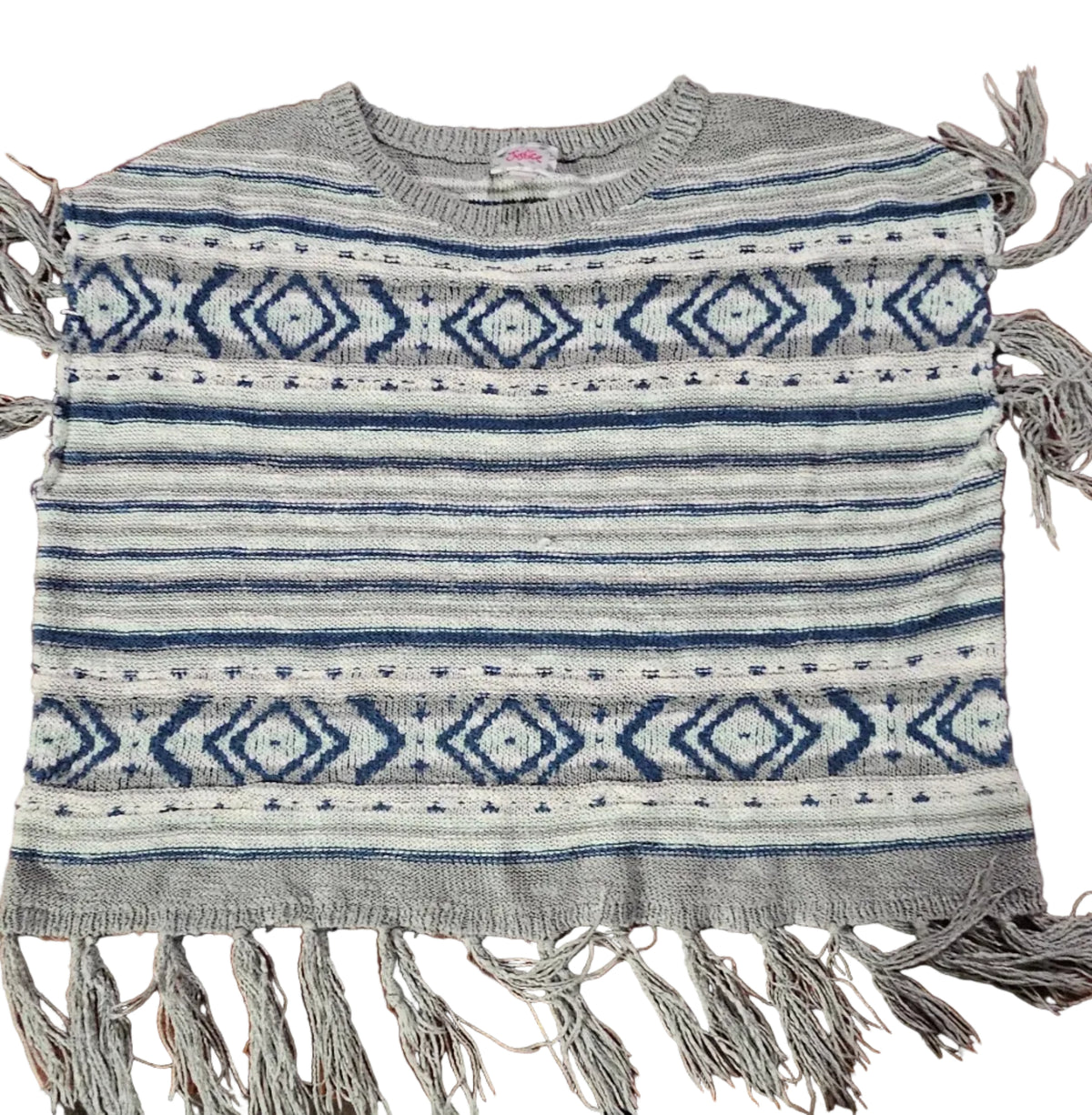 Justice grey and navy Aztec knit poncho with fringe
