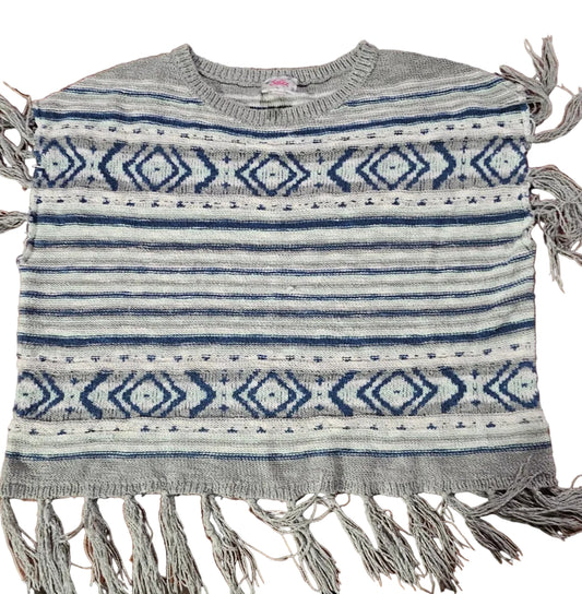 Justice grey and navy Aztec knit poncho with fringe