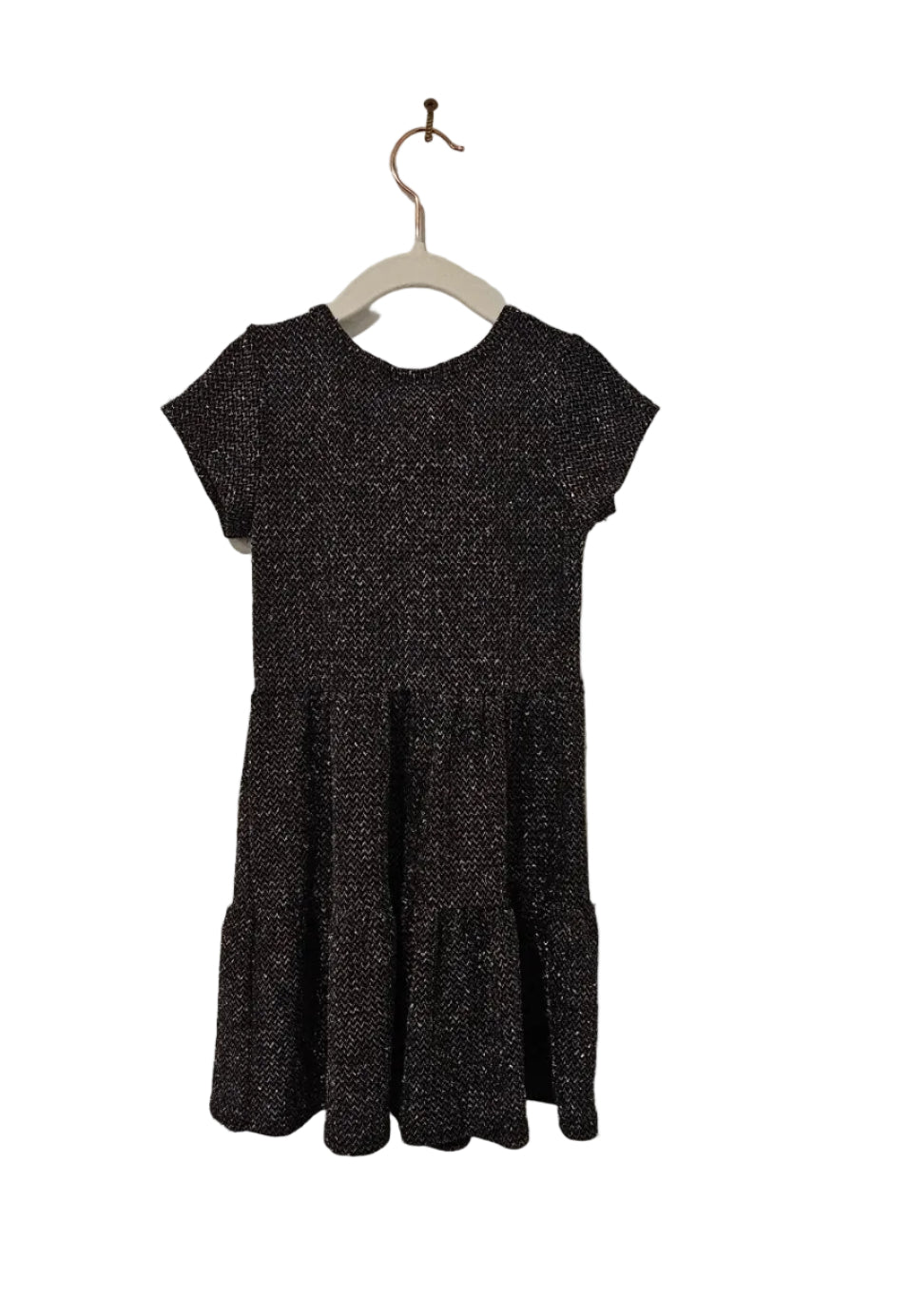 Kids Can't Miss black sparkly tiered dress, back view