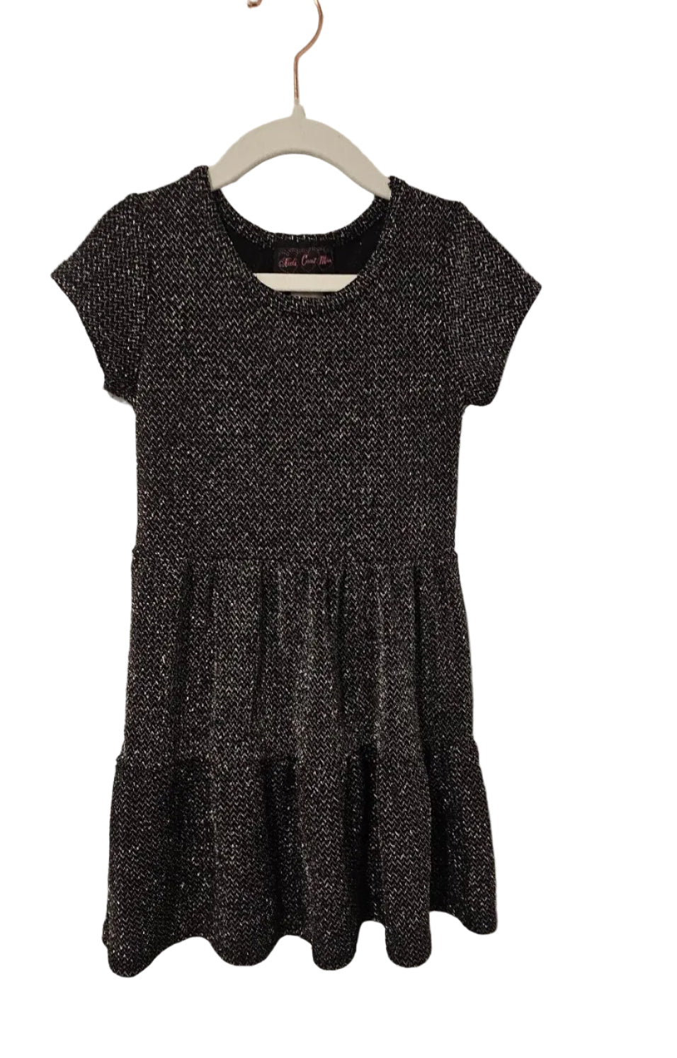 Kids Can't Miss black sparkly tiered dress, front view