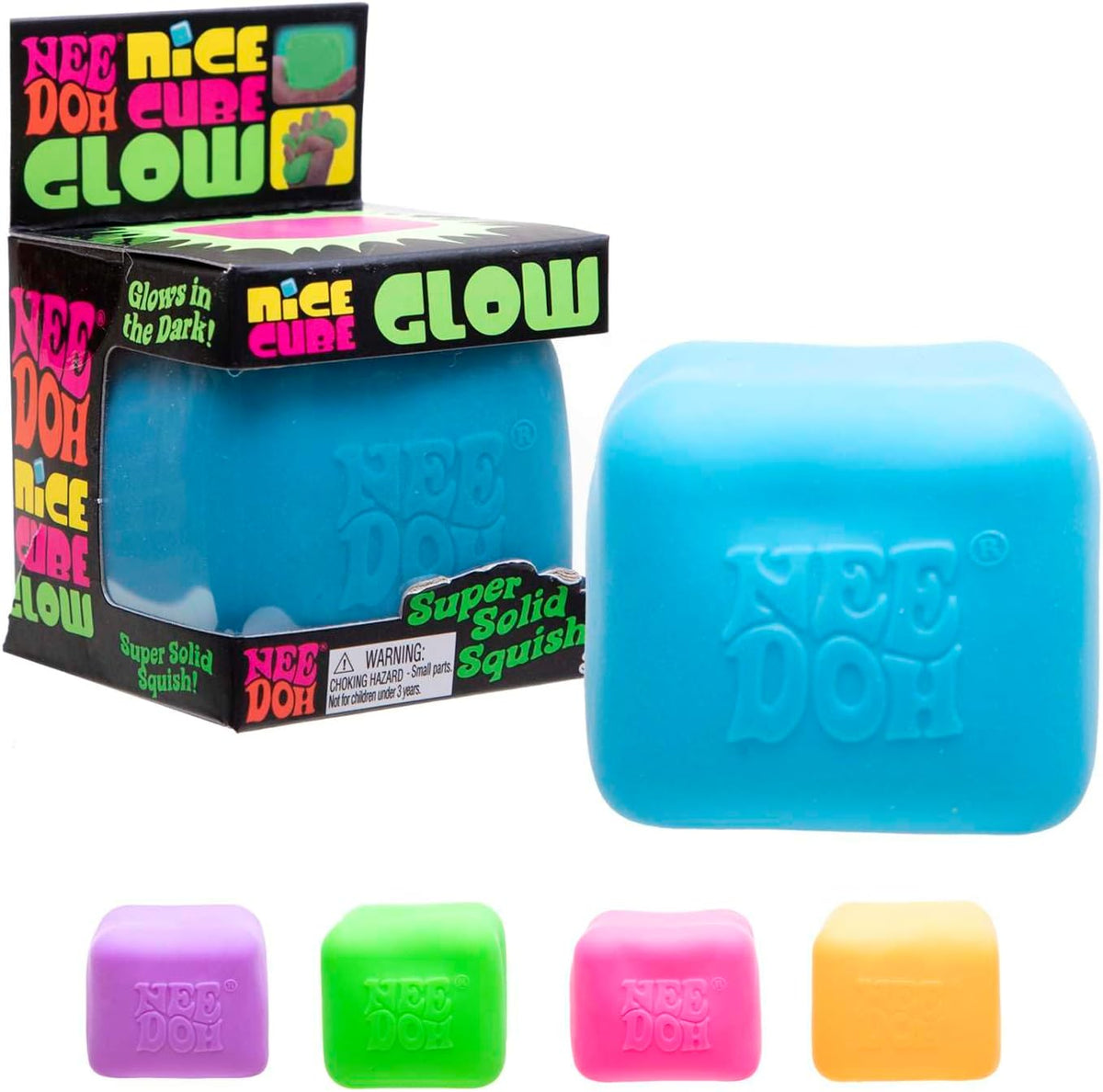 NeeDoh Nice Cube Glow packaging with a blue cube and purple, green, pink and yellow colour examples