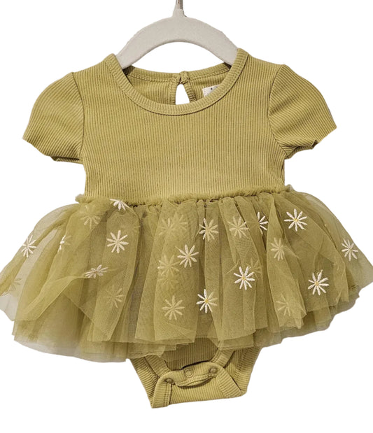 Rise Little Earthling sage daisy tutu bodysuit dress, size 0-3M, pre-loved