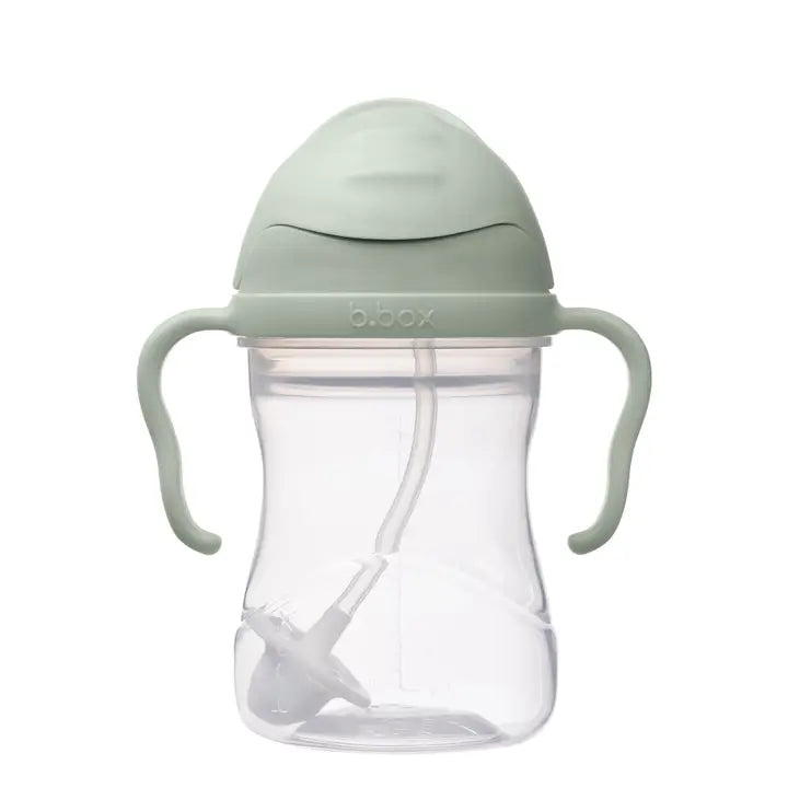Pale green b.box weighted straw cup with two handles and a clear body